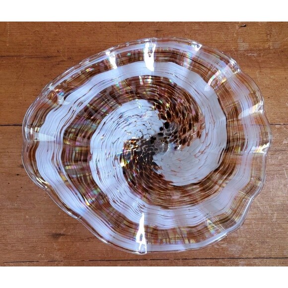 Handmade Blown Art Glass Bowl Ribbon Swirl Ripple Edge Brown Pearlescent Euc - Picture 2 of 10